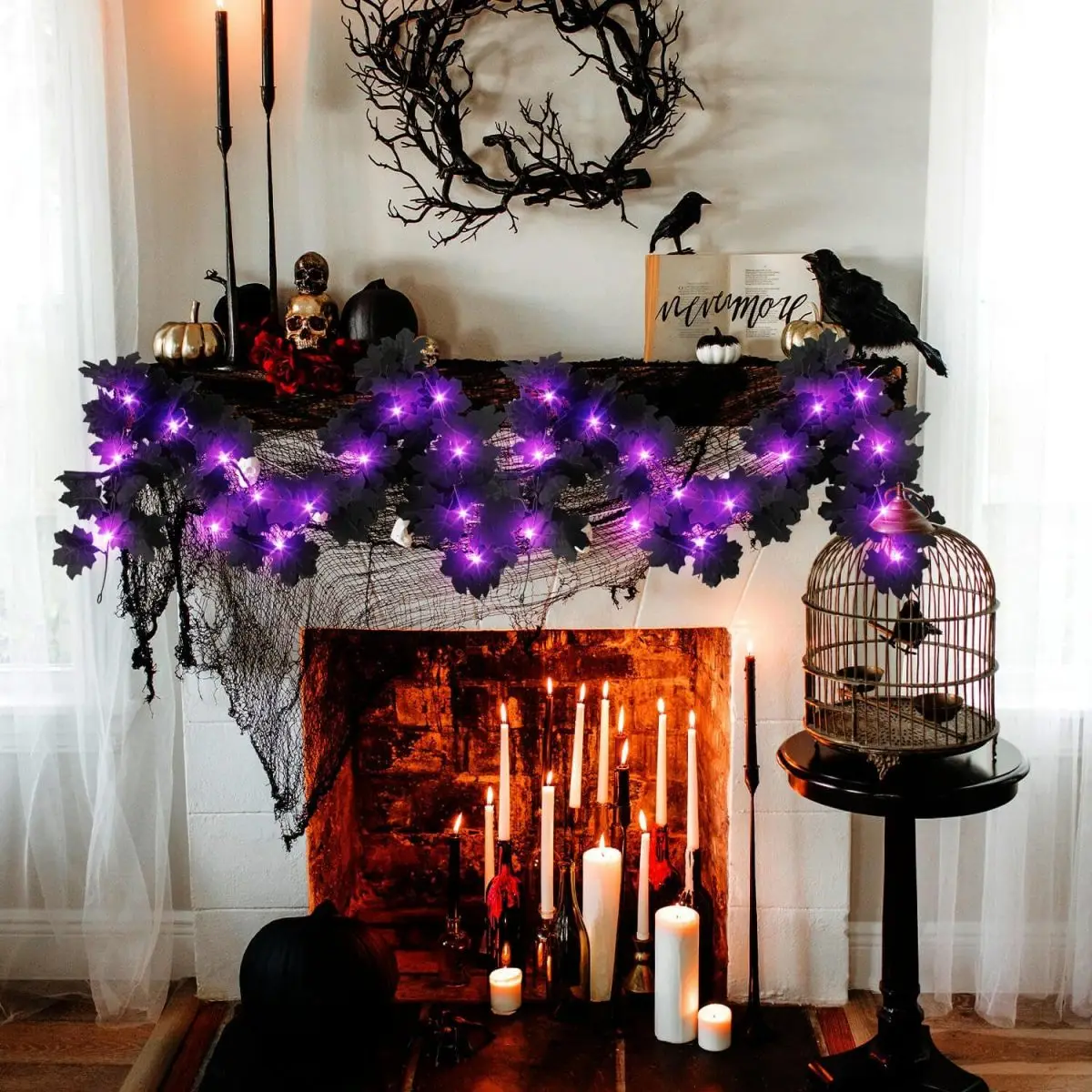 1pc Halloween Artificial Hanging Fall Leave Vines With 20 LED Black Leaf Garland With Purple Lights Battery Powered Horror Atmo 1pc Halloween Artificial Hanging Fall Leave Vines With 20 LED Black Leaf Garland With Purple Lights Battery Powered Horror Atmo