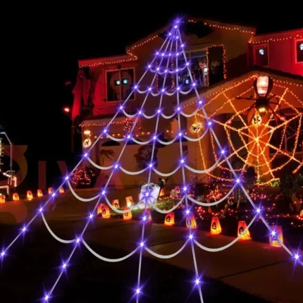 Practical 8 Modes Halloween Spider Web Lights Waterproof 250 LEDs LED Spider Net 5m Big Scary Giant Spider Party 2