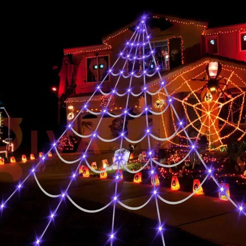 Practical 8 Modes Halloween Spider Web Lights Waterproof 250 LEDs LED Spider Net 5m Big Scary Giant Spider Party 2