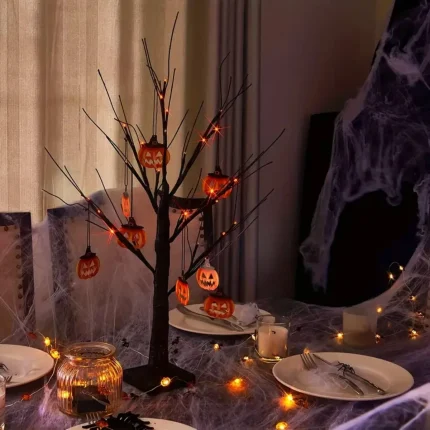 1pc 24 LED Orange And Purple Lighted Halloween Artificial Birch Tree Light DIY Black Branches Lights Tabletop Halloween Spooky 2