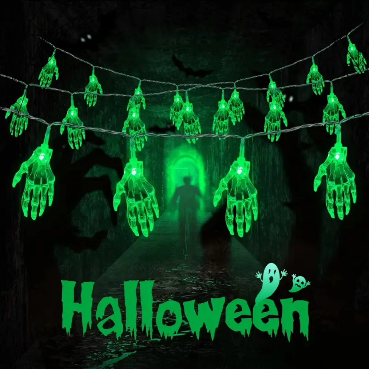 1pc 20LED Halloween Skeleton Hand Battery Powered String Light Horrible Atmosphere Skull Hand Lamp For Home Patry Yard Decor