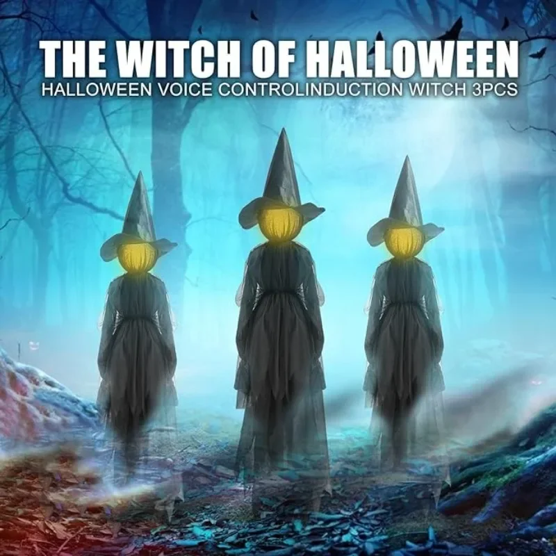 3PCS Halloween Colourful Glow Three Hand-Holding Witches Sound-activated hand-holding witch Halloween light up decoration props 3