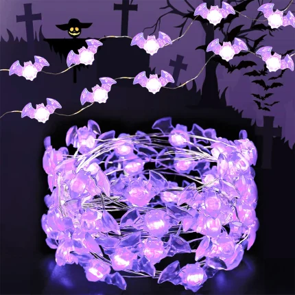 1pc 20/30 LED Halloween Bat Copper Wire String Light Battery Powered Purple Bat Fairy Lamp For Home Bedroom Festival Party Decor