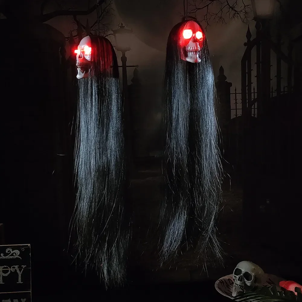 1pc Halloween Hanging Long Hair Ghost Skeleton Pendant LED Light-emitting Horror Bar Haunted House Decoration Party Supplies 2
