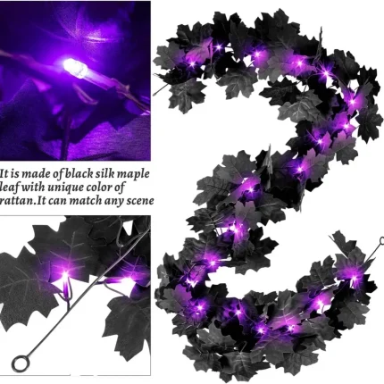 1pc Halloween Artificial Hanging Fall Leave Vines With 20 LED Black Leaf Garland With Purple Lights Battery Powered Horror Atmo 2
