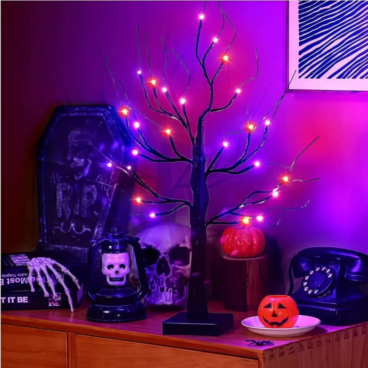 1pc 24 LED Orange And Purple Lighted Halloween Artificial Birch Tree Light DIY Black Branches Lights Tabletop Halloween Spooky 1pc 24 LED Orange And Purple Lighted Halloween Artificial Birch Tree Light DIY Black Branches Lights Tabletop Halloween Spooky